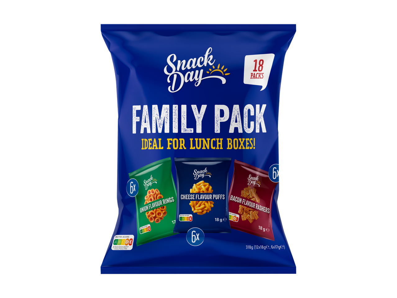Snack Day Maissnack pack familial avec rondelles d'oignon, soufflés au fromage et bacon.