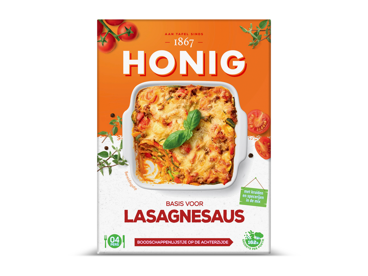 Verpakking voor lasagnesaus met een afbeelding van een ovenschotel met lasagne en tomaten.