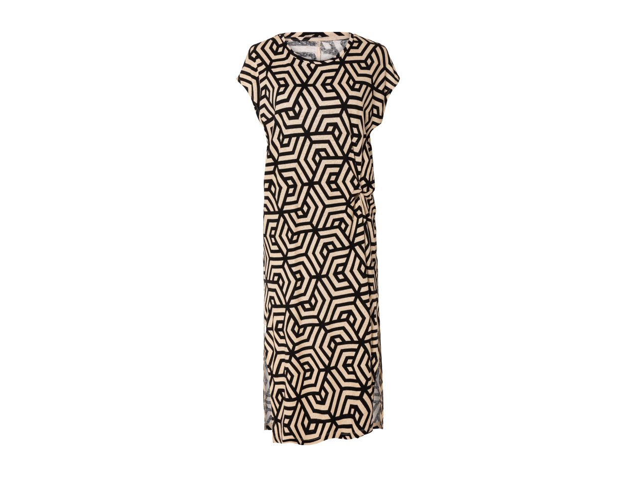 Black and beige geometric pattern maxi dress with short sleeves and a round neckline.