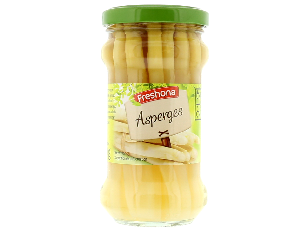 Bocal d'asperges blanches en conserve avec une étiquette verte et le texte 'Asperges'.