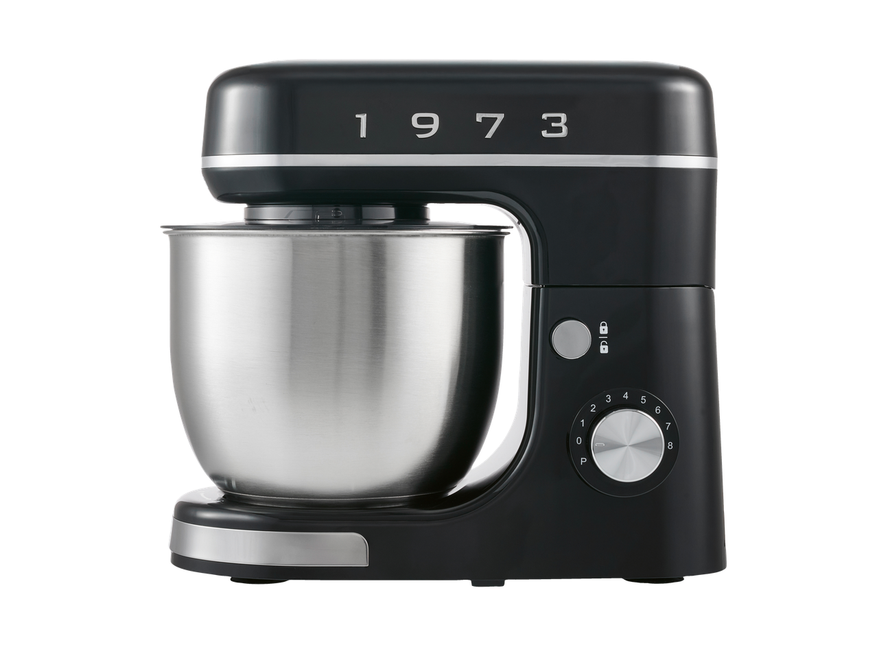 A black Silvercrest 650W Stand Mixer with a stainless steel bowl and a dial with numbers 0-8.