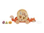 Wooden fox pull-along toy with shape sorter and three animal-themed blocks.