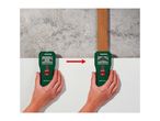 A multi-sensor device detecting a wooden beam behind a wall, shown in two stages.