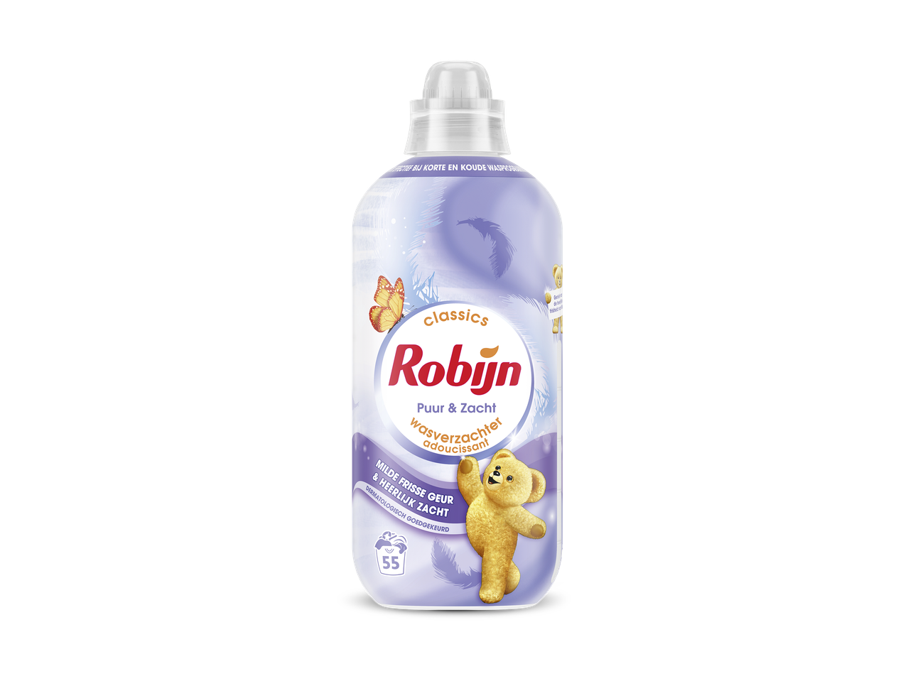 Fles wasverzachter met een teddybeer en vlinder, met de tekst 'Puur & Zacht'.
