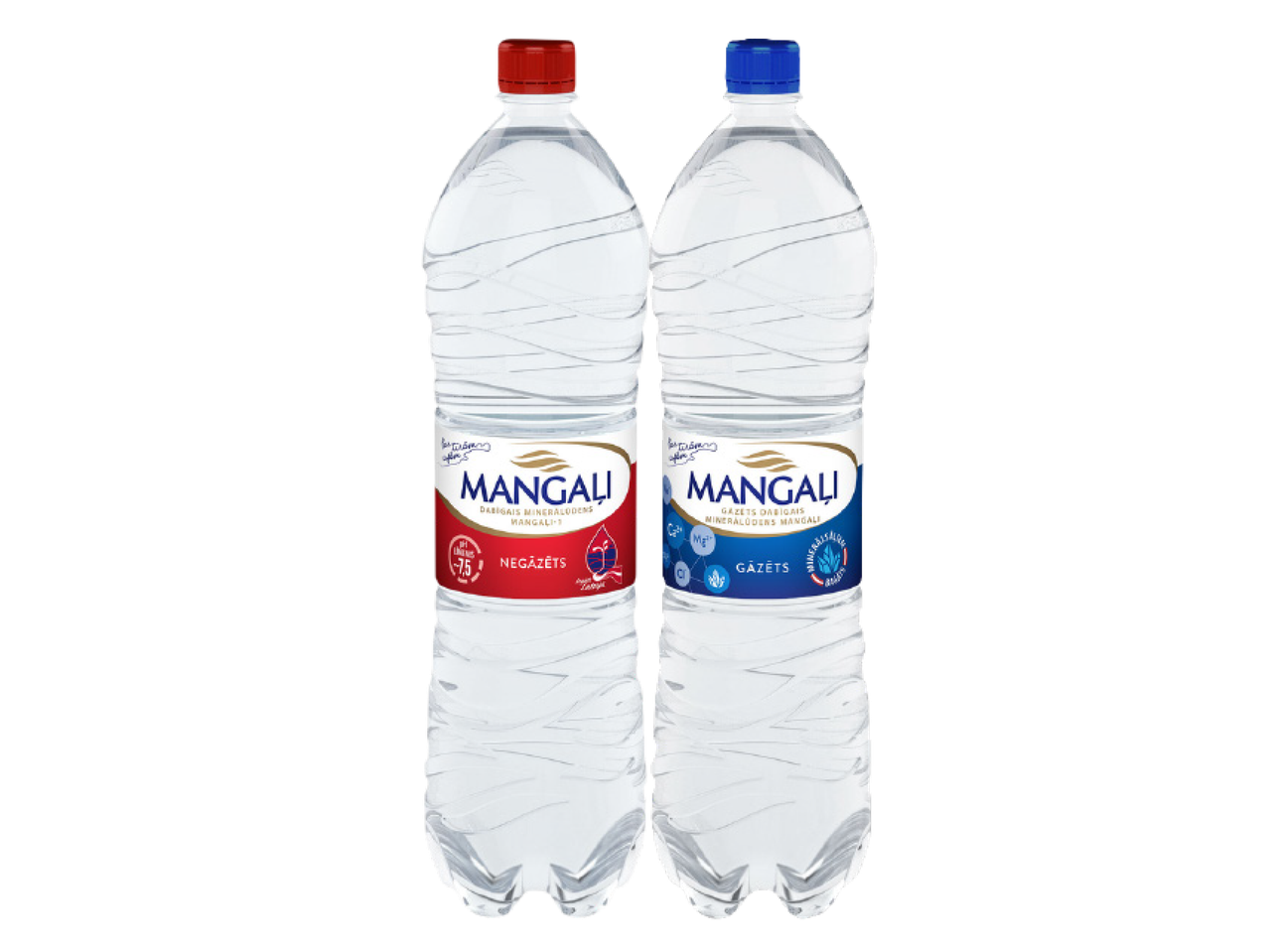 Divas Mangali minerālūdens pudeles: negāzēts ar sarkanu vāciņu un gāzēts ar zilu vāciņu.