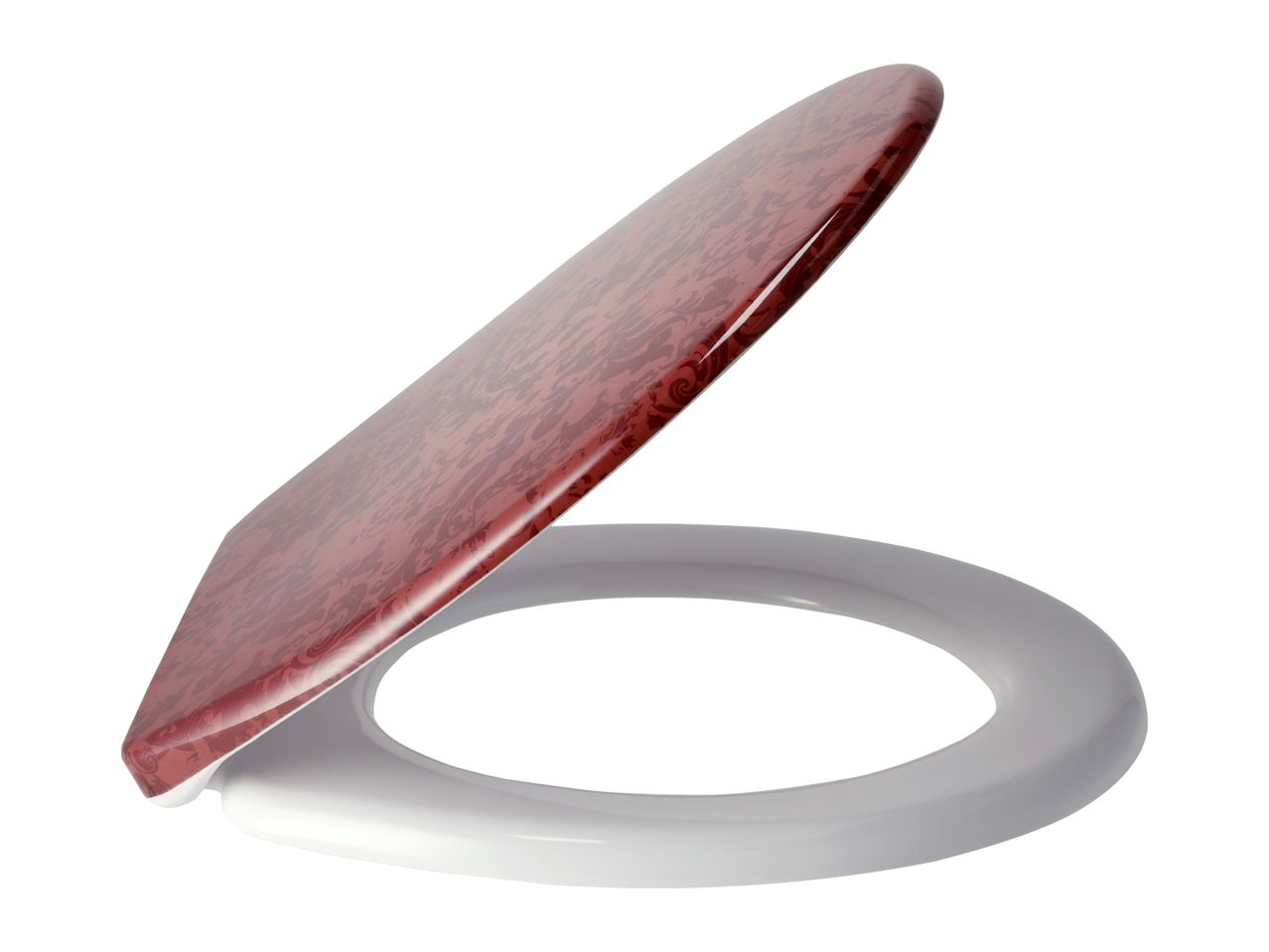 Toilet seat with a red patterned lid