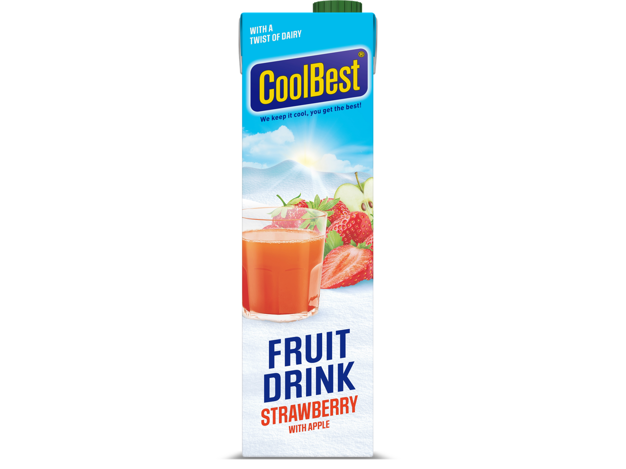 CoolBest aardbeien-appelfruitdrank met een vleugje zuivel in een kartonnen verpakking.