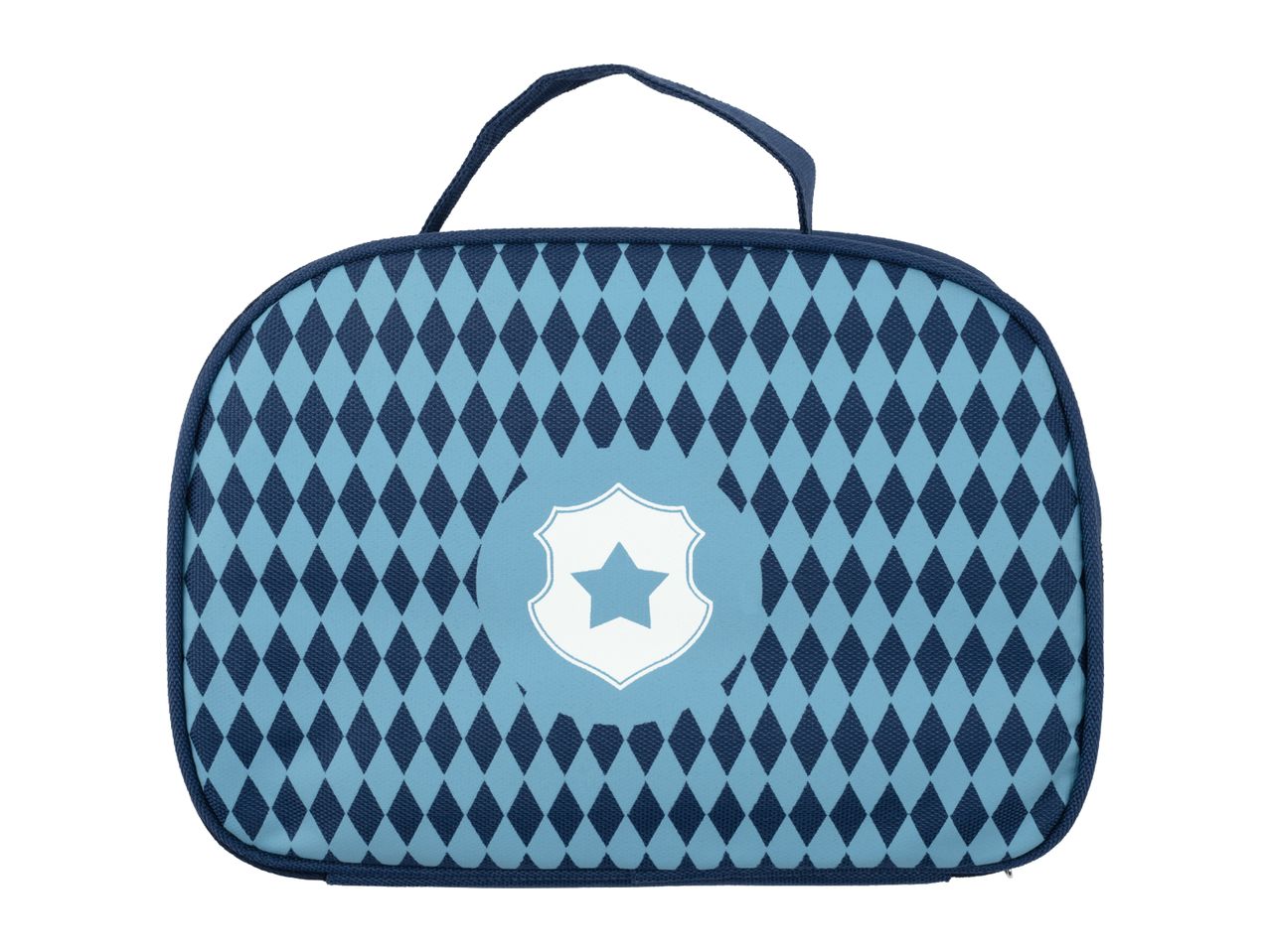 Blue lunch bag with a diamond pattern and a shield with a star emblem