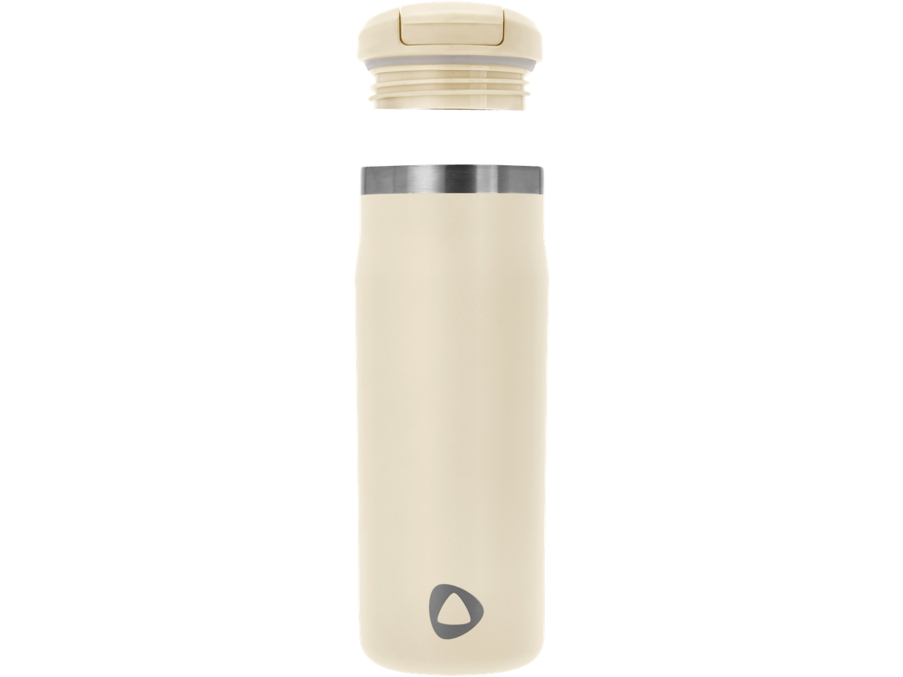 Termo de cor creme com tampa de rosca e logótipo triangular na parte inferior.