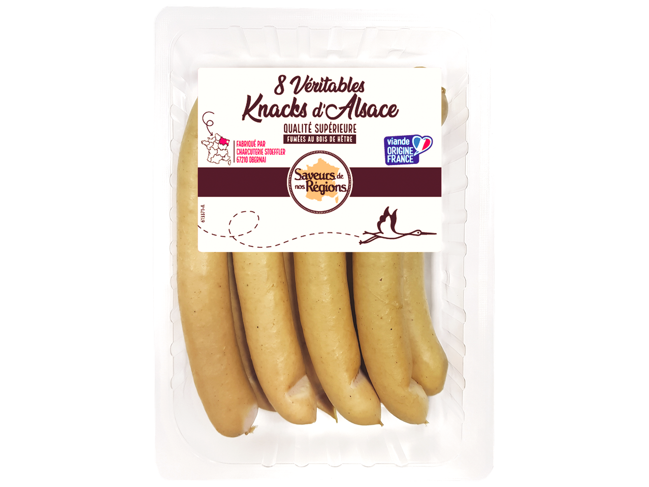 8 Véritables Knacks d'Alsace, qualité supérieure, fumées au bois de hêtre, viande origine France.