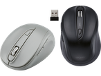 Två trådlösa Tronic-möss, en grå och en svart, med en USB-mottagare.