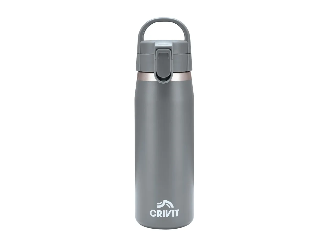 Grey insulated water bottle with a handle and a flip-top lid