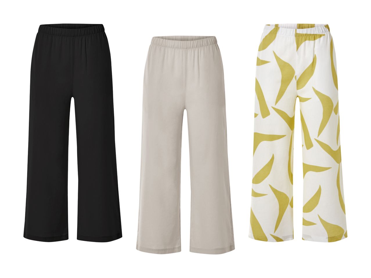 Drei weite Hosen: eine schwarze, eine beige und eine weiße Hose mit goldenen Mustern.