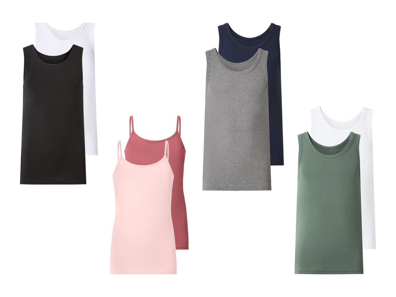 Mehrere Tanktops und Spaghettiträger-Tops in verschiedenen Farben.