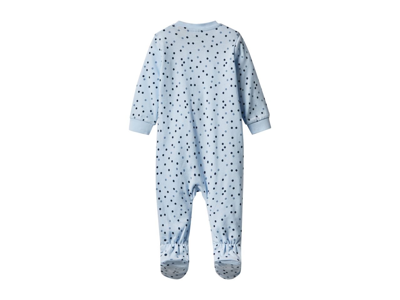 Light blue baby romper with dark and light blue polka dots.