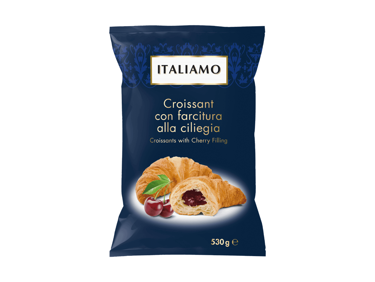 Confezione di croissant con ripieno di ciliegia, con testo in italiano e inglese.