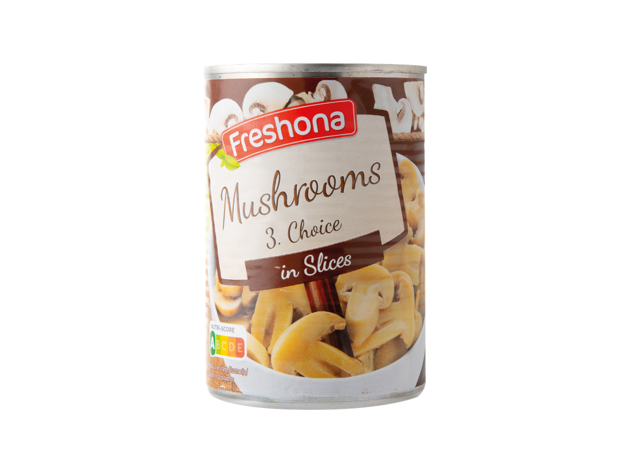 Freshona gljive, 3. izbor, narezane, u konzervi s Nutri-Score oznakom.