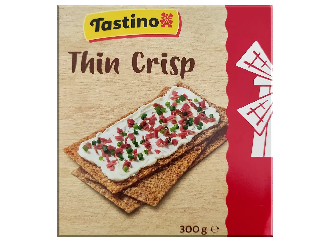 Tastino Thin Crisp kiks med flødeost, purløg og baconstykker.