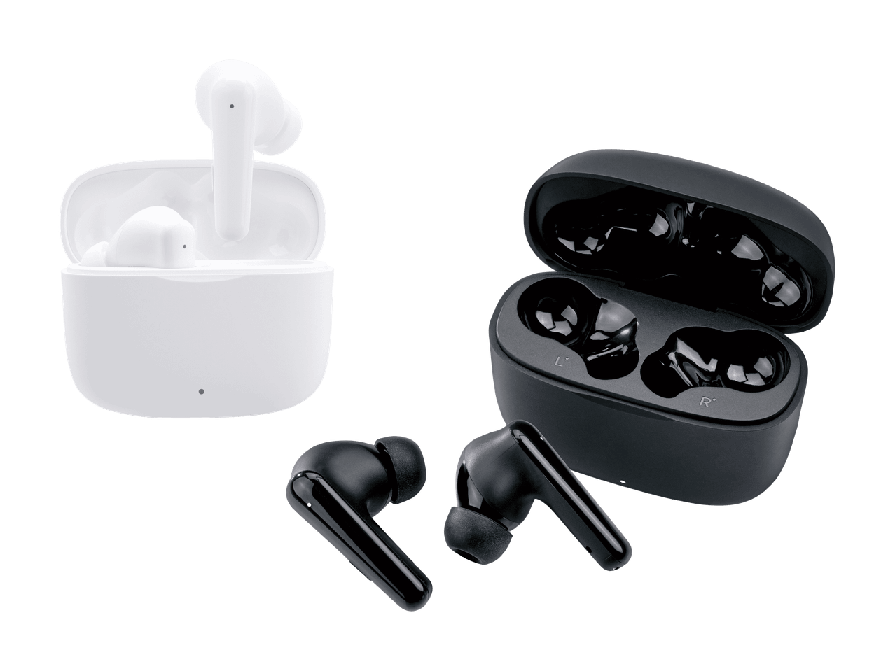 Weiße und schwarze kabellose Ohrhörer mit geöffneten Ladeboxen.