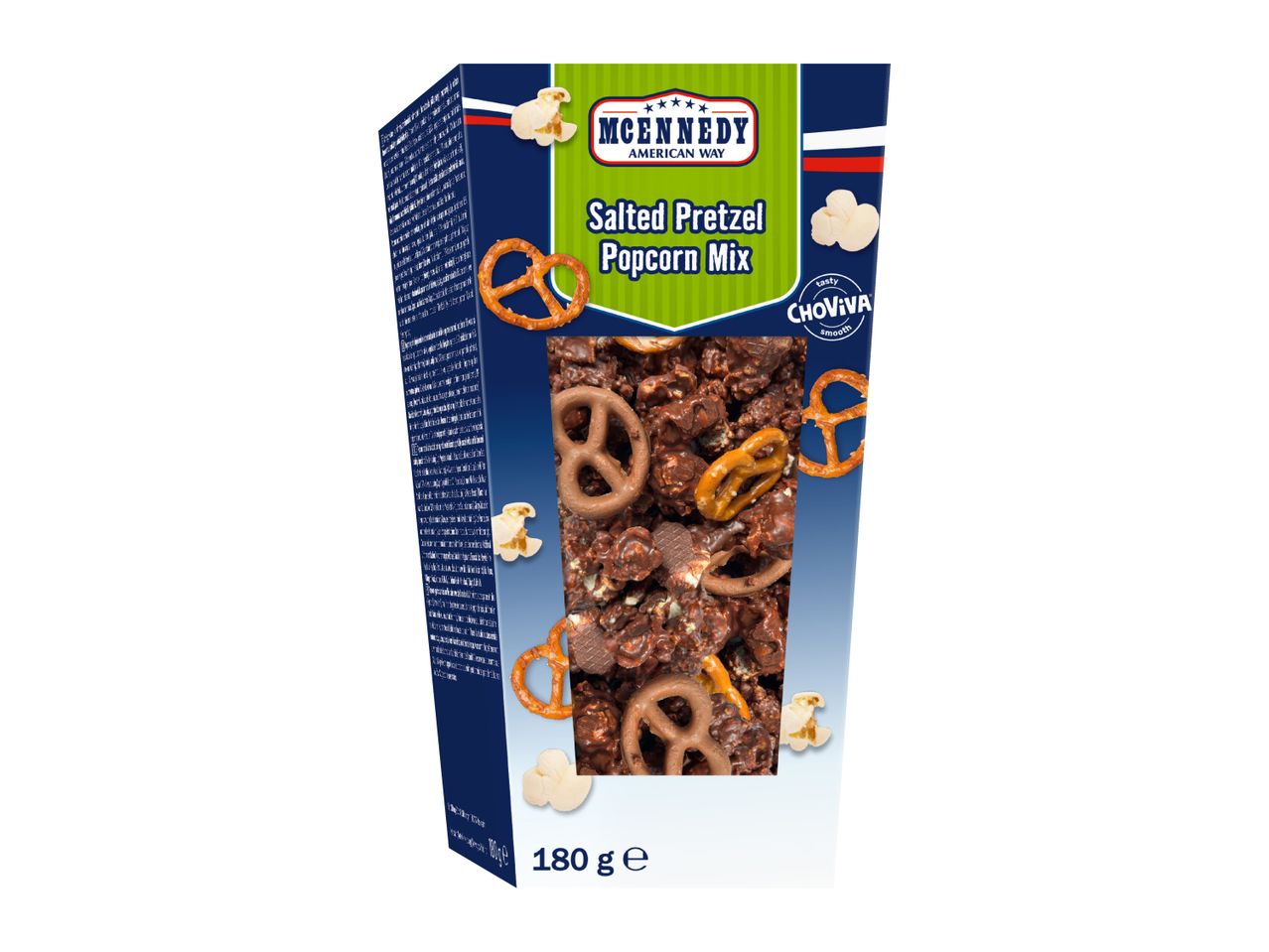 A 180g box of salted pretzel popcorn mix with chocolate-coated clusters.