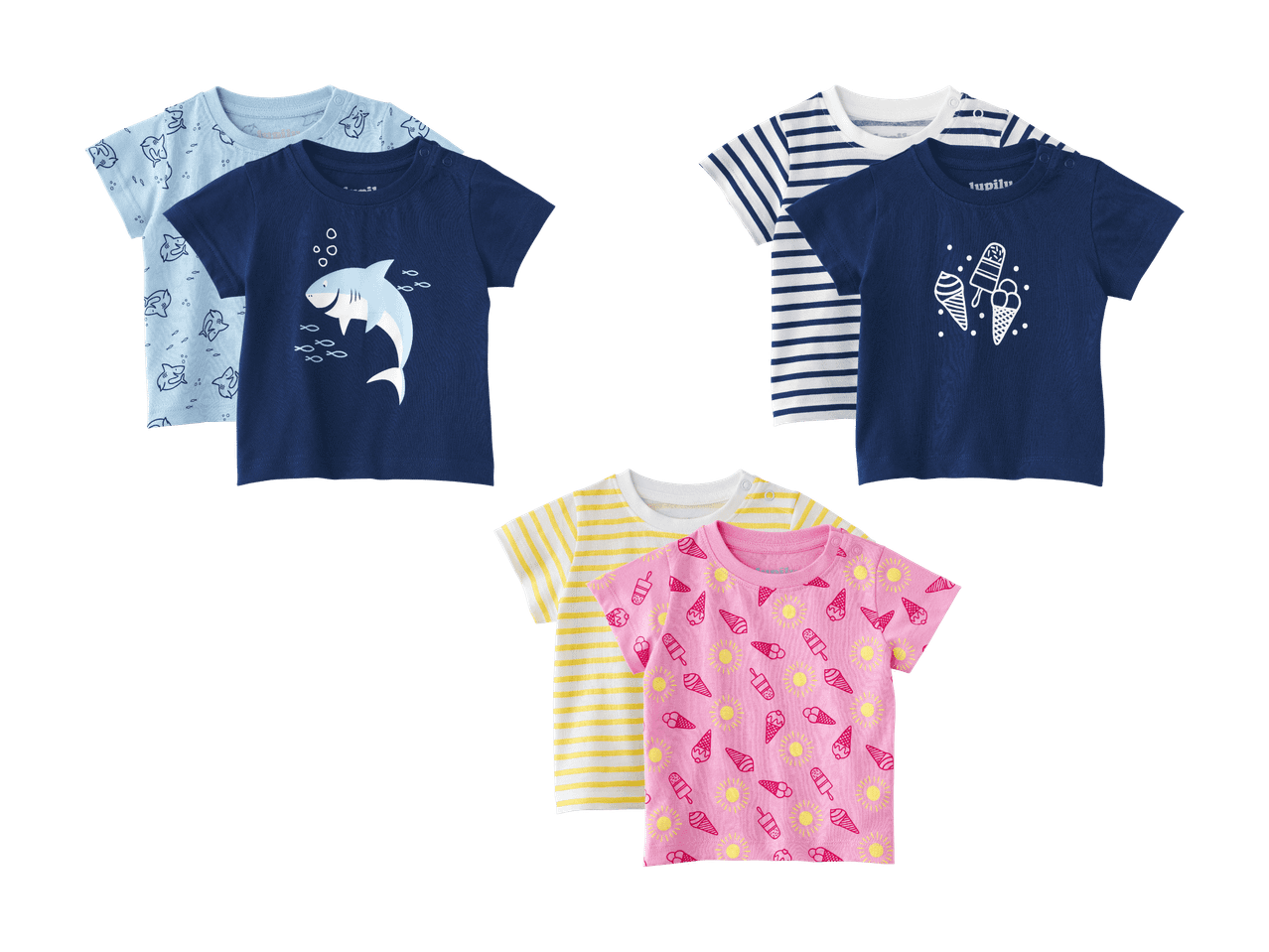 T-shirts pour bébés avec motifs de requins, rayures et glaces.