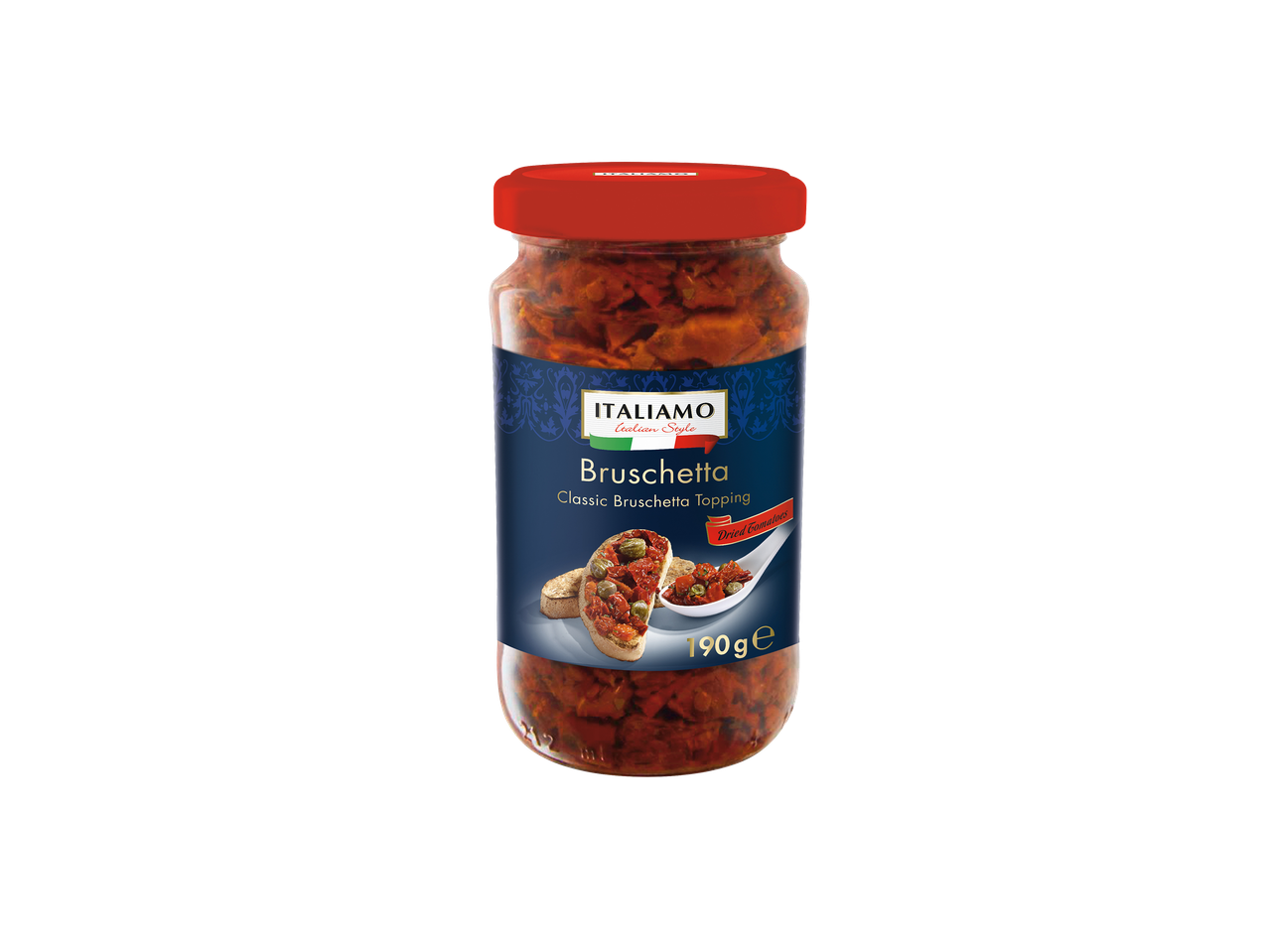 Un pot de bruschetta classique à base de tomates séchées, avec une portion sur du pain grillé.