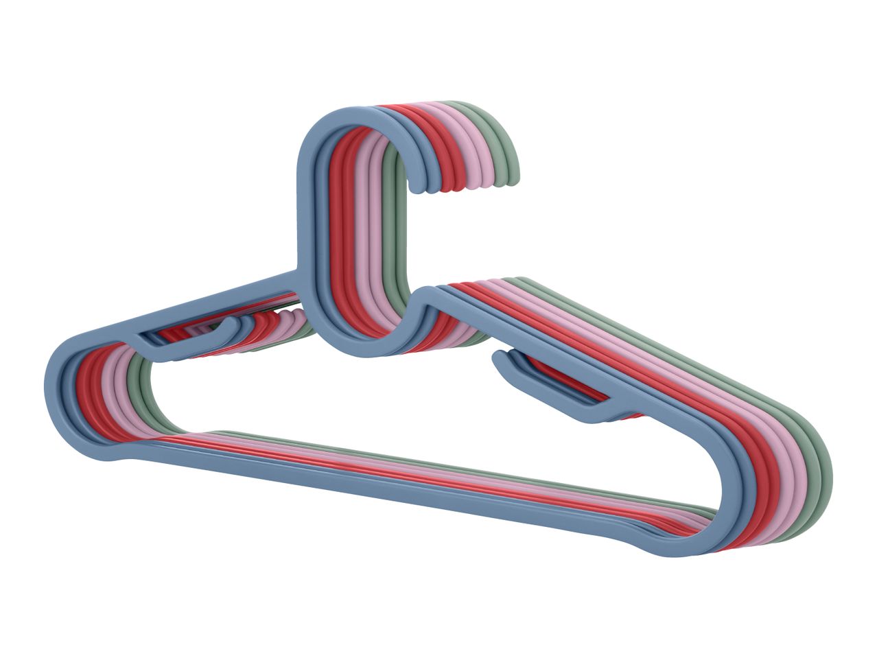 A stack of colorful plastic clothes hangers in blue, red, pink, and green.