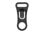 Black plastic clip with a rectangular opening at the top and a circular opening at the bottom