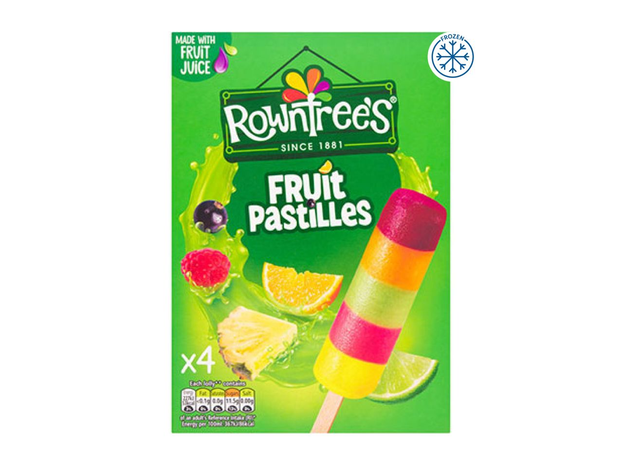 Green box of fruit pastille ice lollies with fruit illustrations and a frozen symbol.