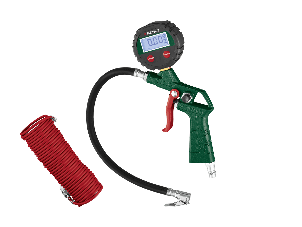 Digitaler Reifenfüller mit rotem Druckluftschlauch.