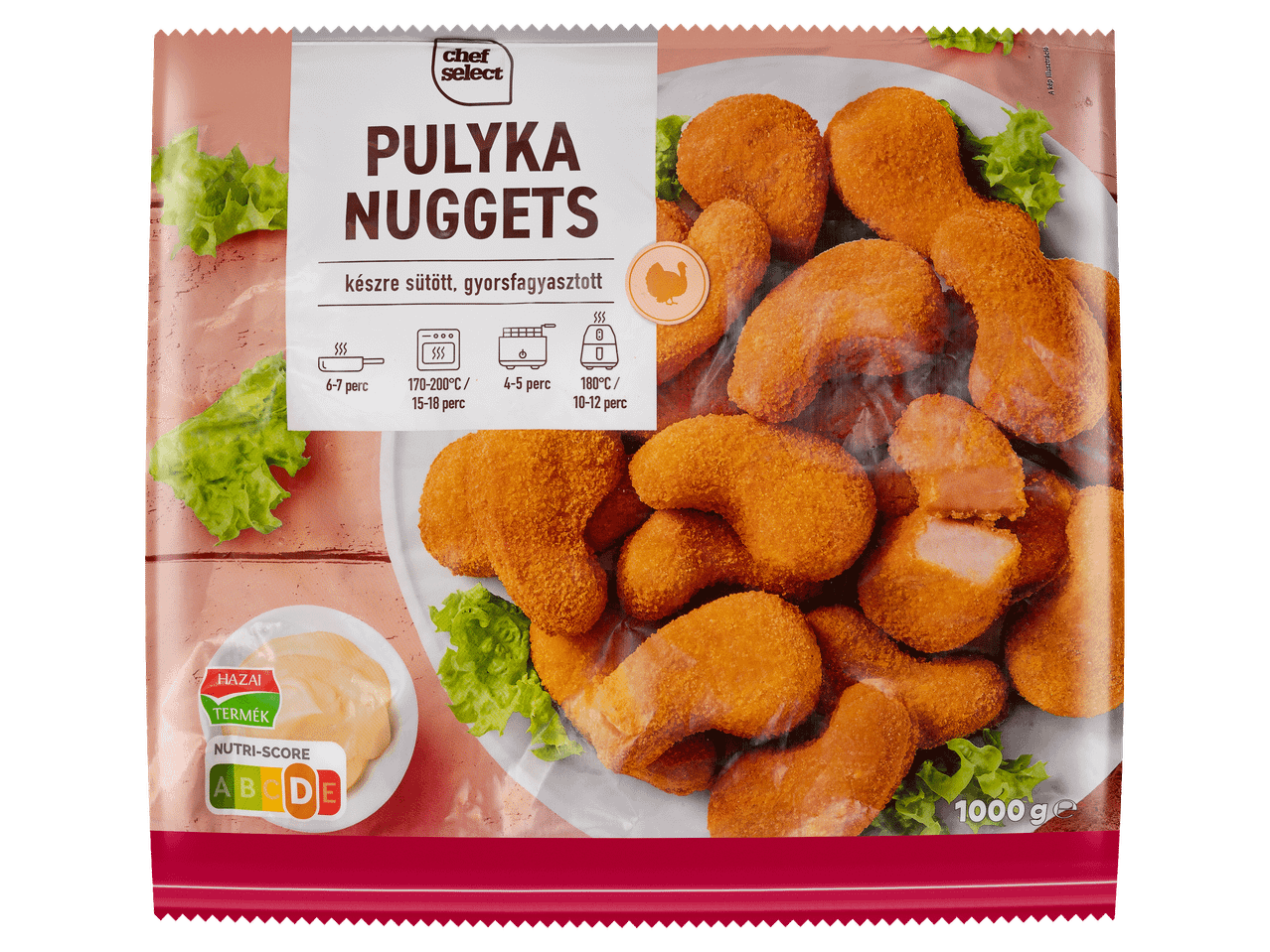Gyorsfagyasztott, készre sütött pulyka nuggets 1000 g-os kiszerelésben.