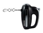 A black hand mixer with silver accents.