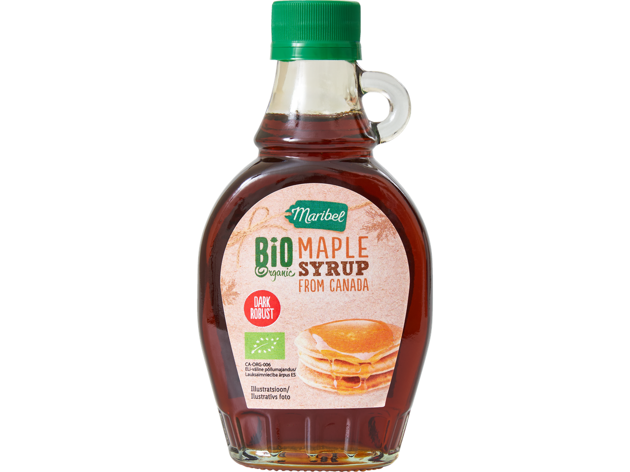 Maribel orgaaniline vahtrasiirup Kanadast koos pannkookidega.