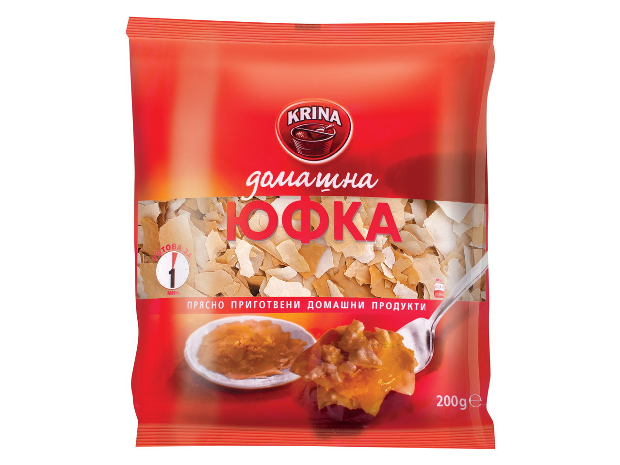 Опаковка домашна юфка с време за приготвяне 1 минута и информация за калориите.