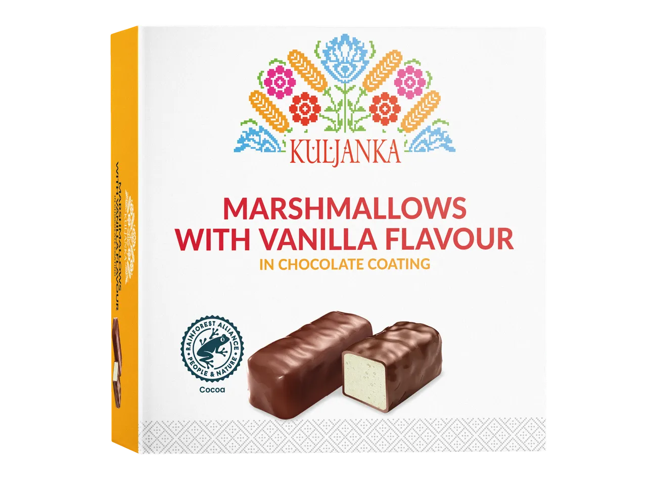 Kuljanka vaniljmarshmallows med chokladöverdrag.