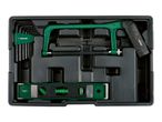 A set of hand tools in a black case, including hex keys, a hacksaw with blades, and a spirit level.
