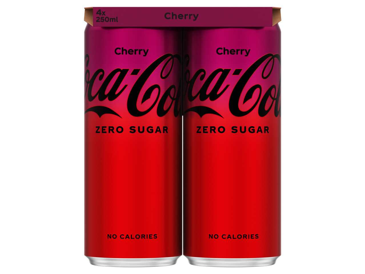 Vier Coca-Cola Zero Sugar Cherry blikjes van 250ml.