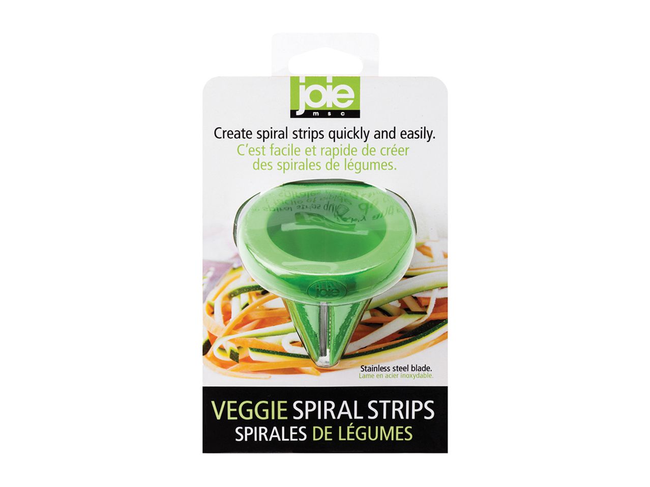 A green Veggie Spiralizer tool for creating vegetable strips is shown on its packaging.