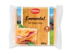 Emmentaler bløde osteskiver i pakke med 10 skiver, 200g, med sandwich serveringsforslag.