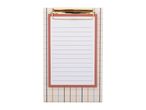 A clipboard with a lined notepad, featuring a gold clip and a plaid background.