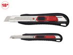 Two black and red utility knives with extended blades, one above the other, on a white background.