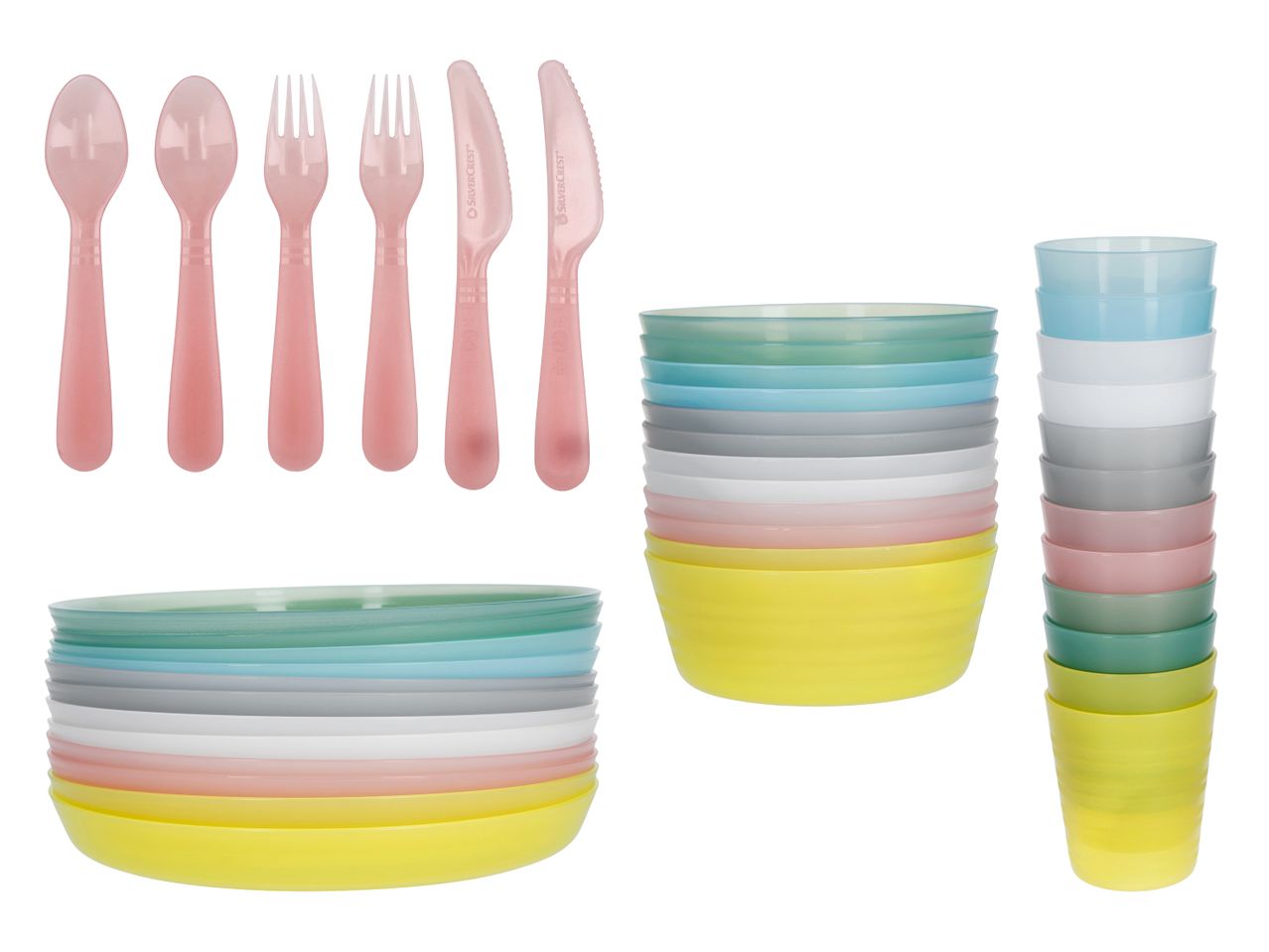 Buntes Picknick-Set aus Plastik mit Besteck, Tellern, Schüsseln und Bechern in Pastellfarben.