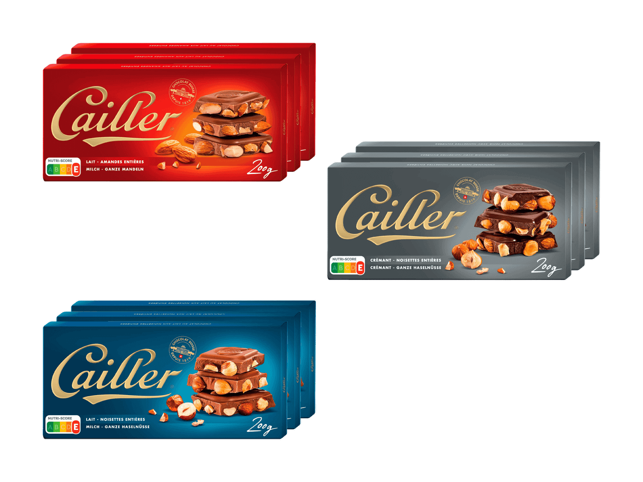 Drei Packungen Milchschokolade mit Mandeln, drei Packungen dunkle Schokolade mit Haselnüssen und drei Packungen Milchschokolade mit Haselnüssen.