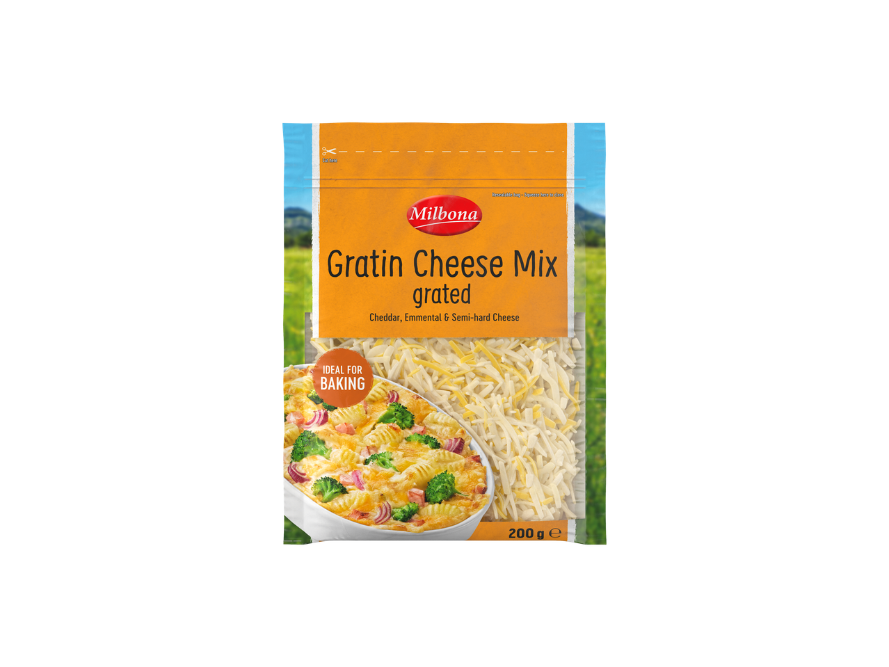 Milbona revet gratinostmix: Cheddar, Emmentaler & halvhård ost.