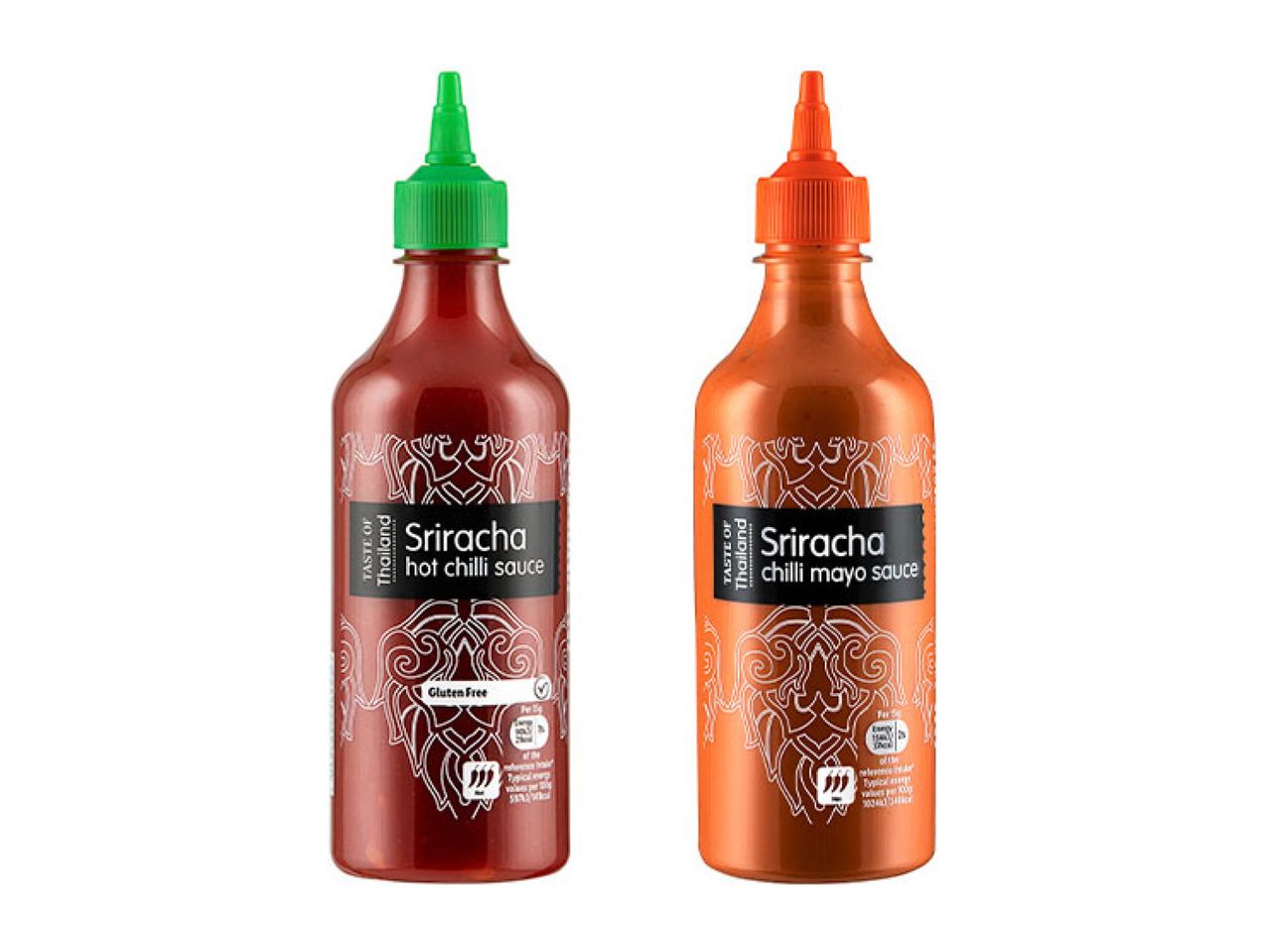 Two bottles of Sriracha sauce: hot chili and chili mayo, with decorative patterns.