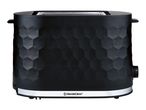 Black two-slice toaster with a textured honeycomb pattern and silver trim.