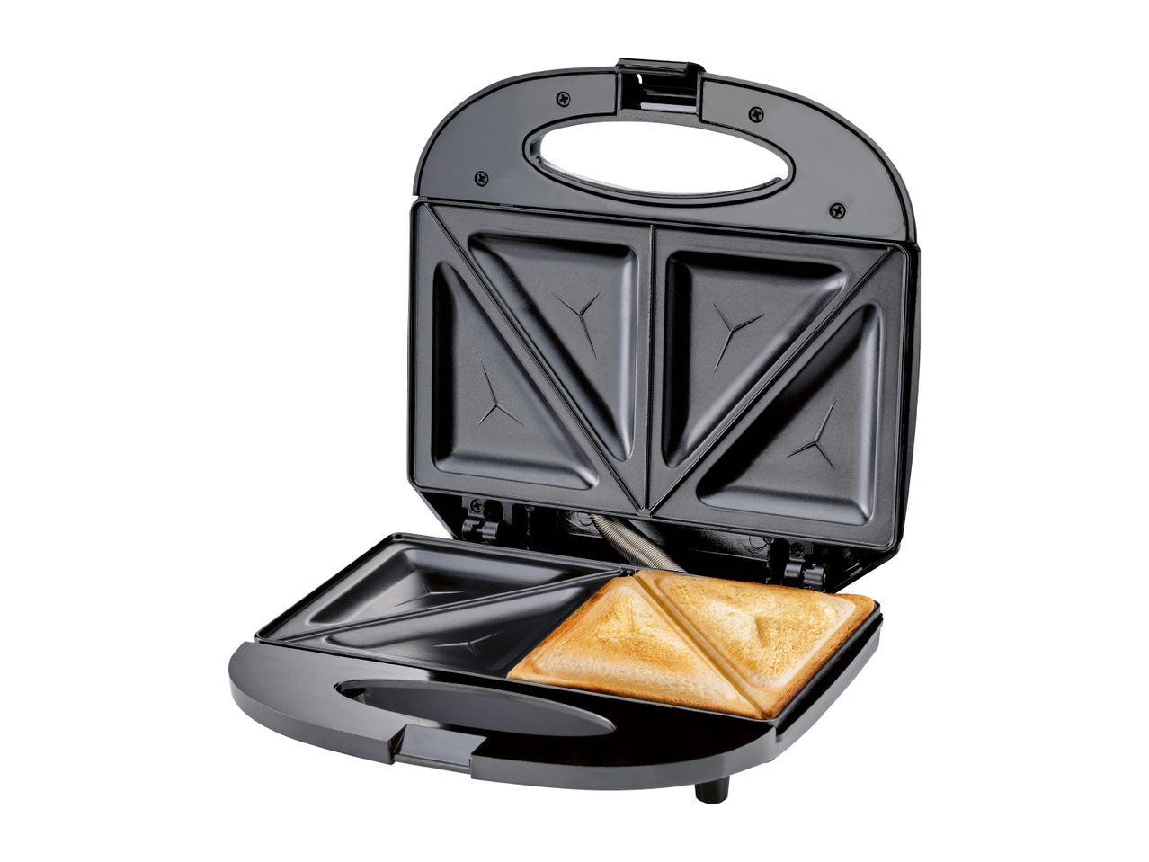 A black triangle sandwich maker with a toasted sandwich inside.
