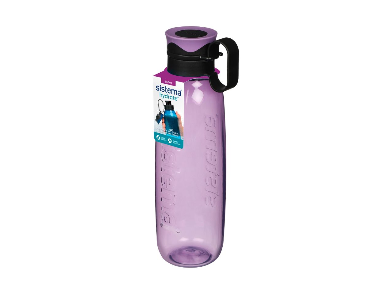 En lilla Sistema Hydrate vandflaske med et sort håndtag og en etiket, der viser 850 ml kapacitet.