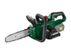 Grüne Akku-Kettensäge mit schwarzem Griff und silberner Kette