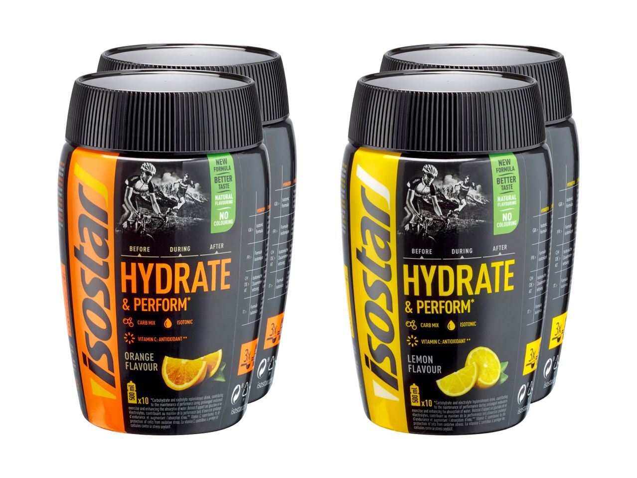 Quatre pots de boisson Isostar Hydrat & Perform, aux saveurs orange et citron.